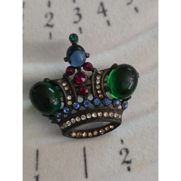Trifari Alfred Phillippe Sterling Silver Crown Brooch Green Cabochons Rhinestone - Picture 5 of 8
